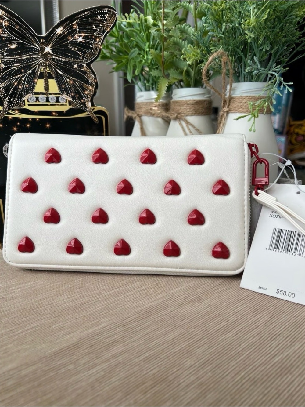 Betsey Johnson White Zip Around Studded Wallet with Red Heart Studs Wristlet